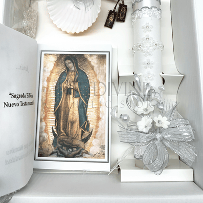 Close up of the New Testament Bible showing first page with the image of Our Lady of Guadalupe, in the 6 piece baptism candle set.