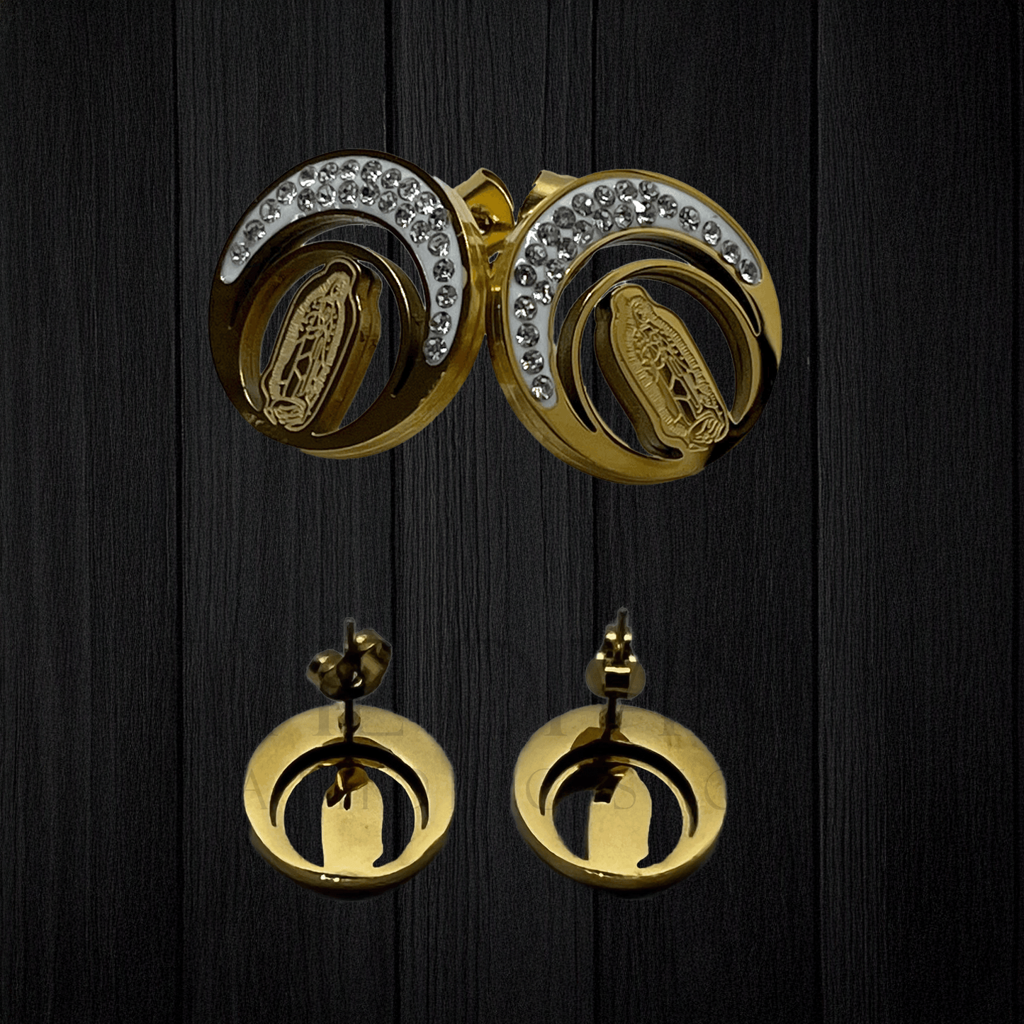 Close-up of Our Lady of Guadalupe Moon Necklace and Earring Set in stainless steel, emphasizing the intricate design of the Virgin of Guadalupe pendant on a crescent moon with matching earrings.