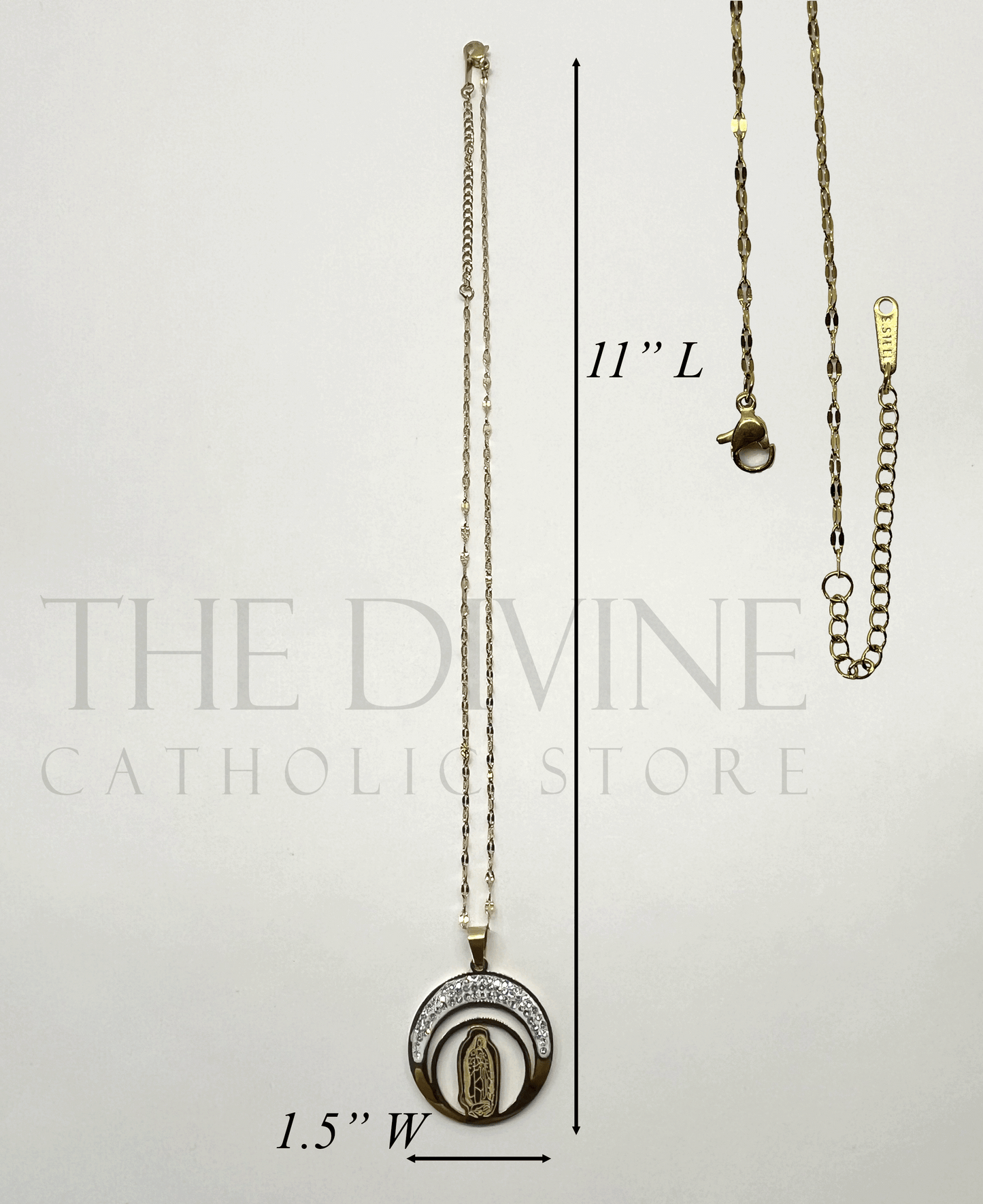 Our Lady of Guadalupe Moon Necklace and Earring Set in stainless steel, showcasing the detailed Virgin of Guadalupe pendant on a crescent moon, with matching earrings, displayed on a neutral background.