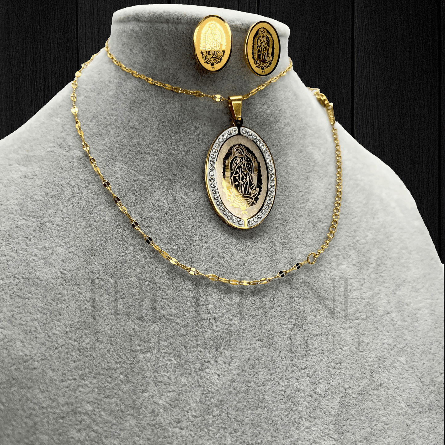 Our Lady of Guadalupe Necklace Set with stainless steel pendant and matching earrings, featuring intricate detailing of the Virgin of Guadalupe, perfect for daily wear.