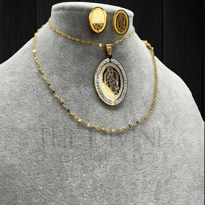 Our Lady of Guadalupe Necklace Set with stainless steel pendant and matching earrings, featuring intricate detailing of the Virgin of Guadalupe, perfect for daily wear.