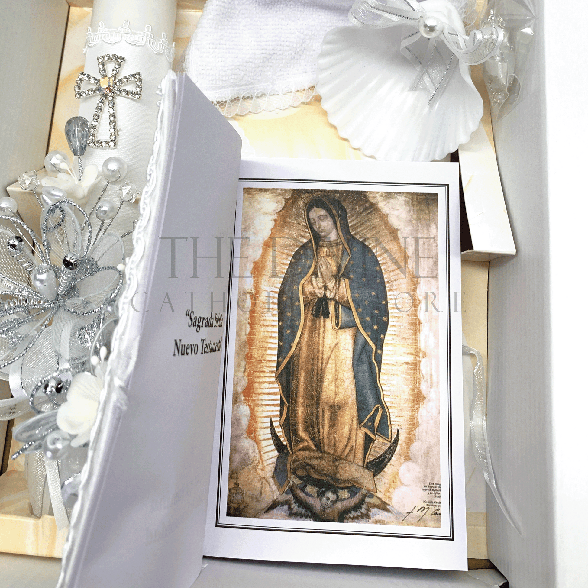 Close up of the New Testament Bible showing first page with the image of Our Lady of Guadalupe, in the 5 piece baptism candle set.