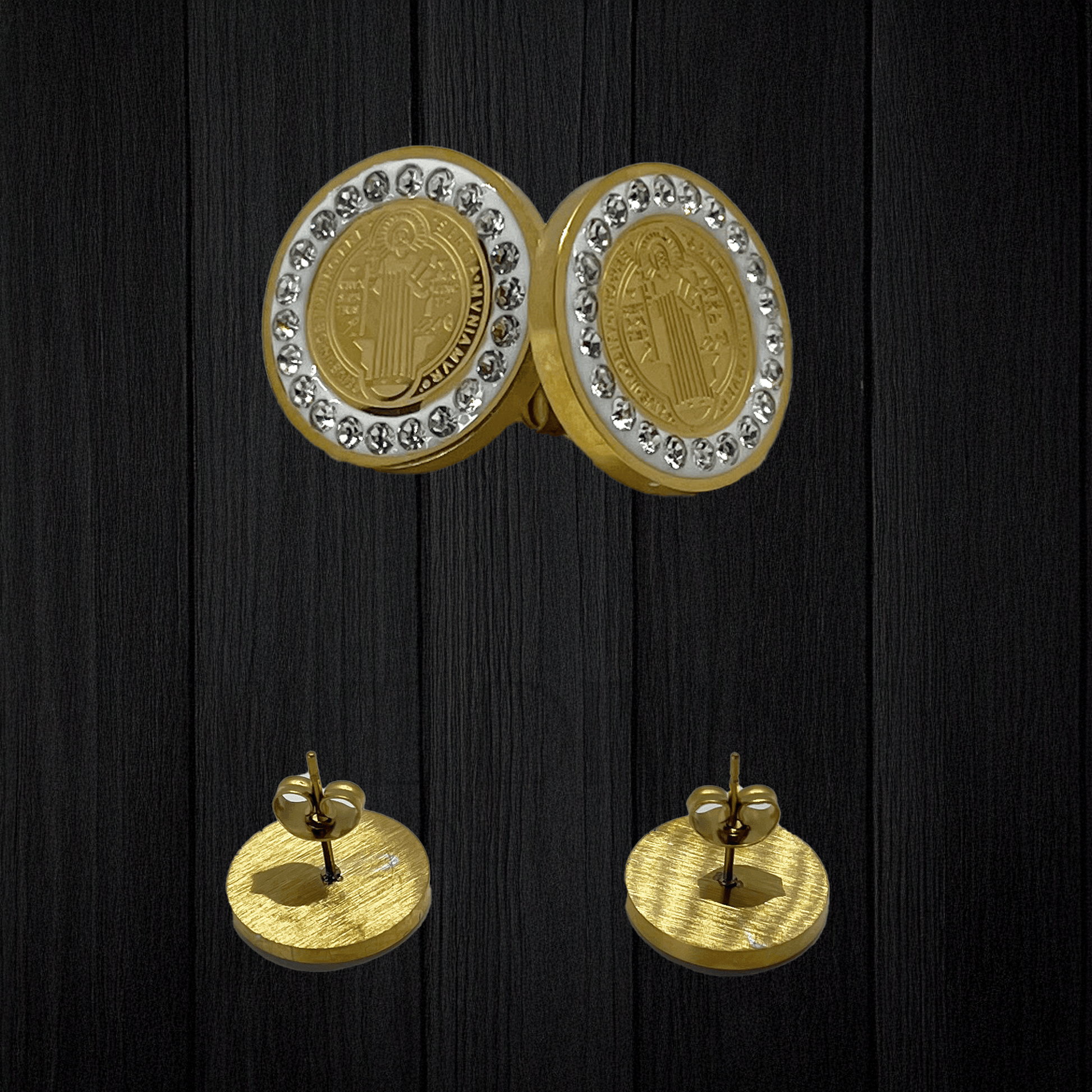 St. Benedict Necklace and Earring Set in stainless steel, displayed to emphasize the fine detailing and craftsmanship of the medallion pendant and matching earrings.