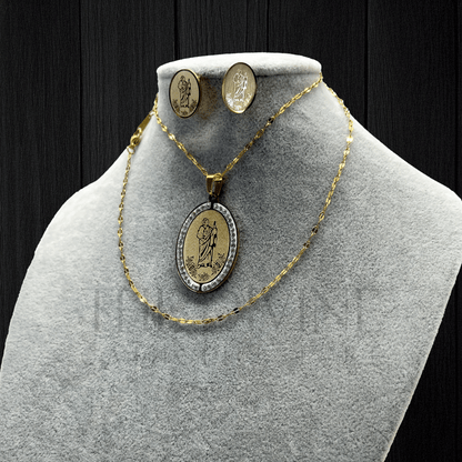 St. Jude Necklace with Earrings made from stainless steel, featuring a detailed St. Jude pendant and matching earrings, displayed on a neutral background.