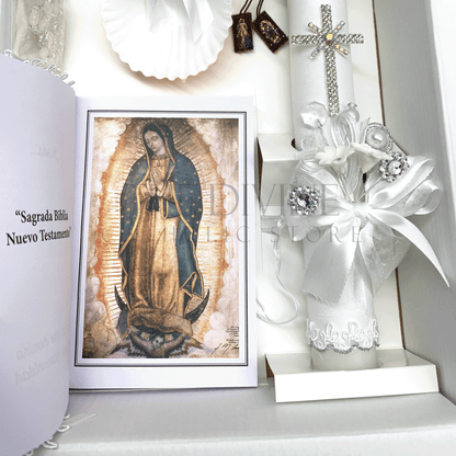 Close up of the New Testament Bible showing first page with the image of Our Lady of Guadalupe, in the 6 piece baptism candle set.