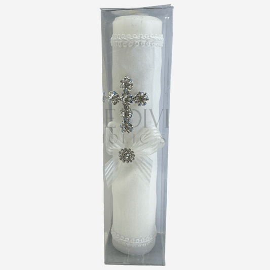 Single baptism candle wrapped in white fabric, embroidered in white nylon thread, white ribbon, with crystal rhinestone and rhinestone cross. 