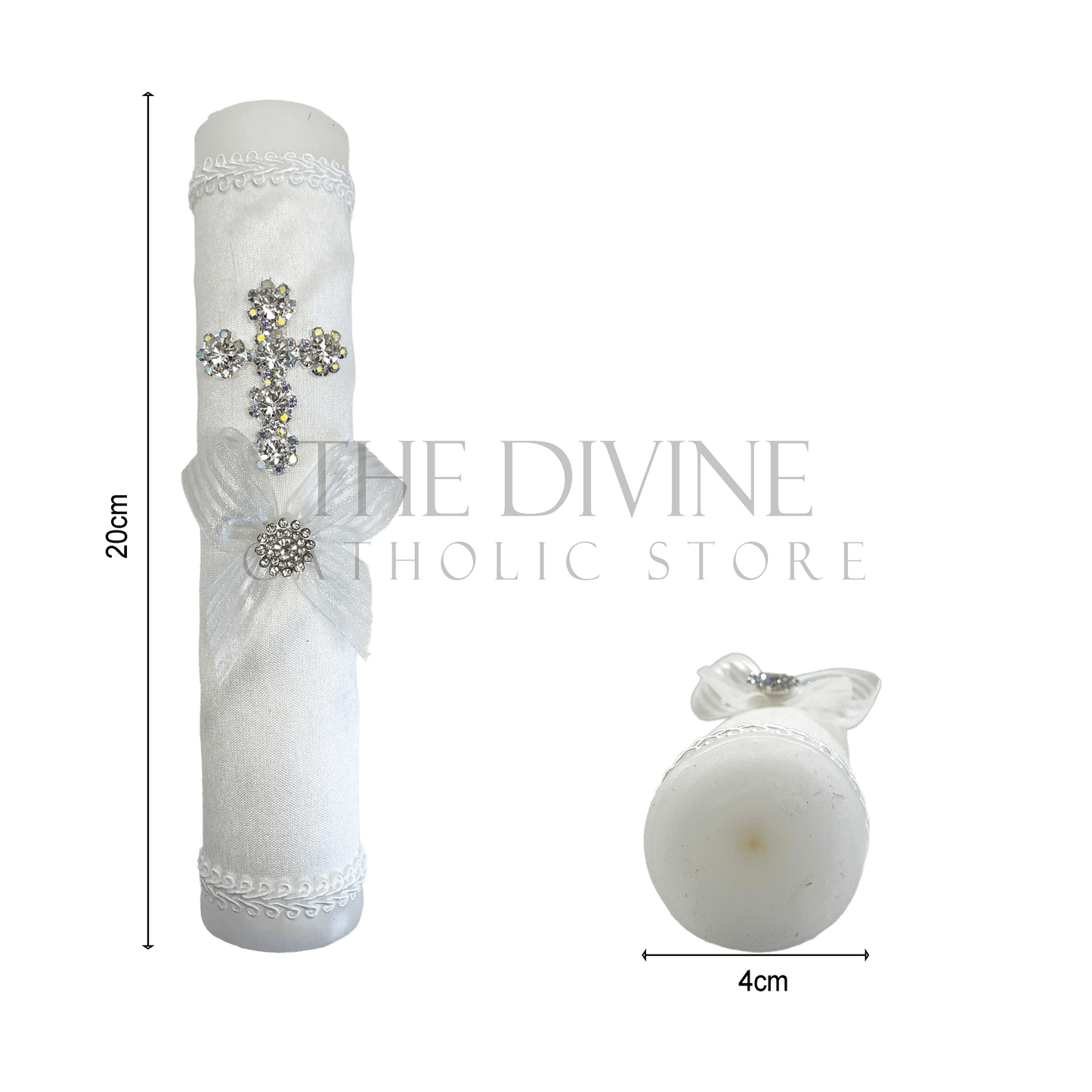 Single baptism candle wrapped in white fabric, embroidered in white nylon thread, white ribbon, with crystal rhinestone and rhinestone cross, showing detailed measurements 20 cm length, and 4 cm wide. 