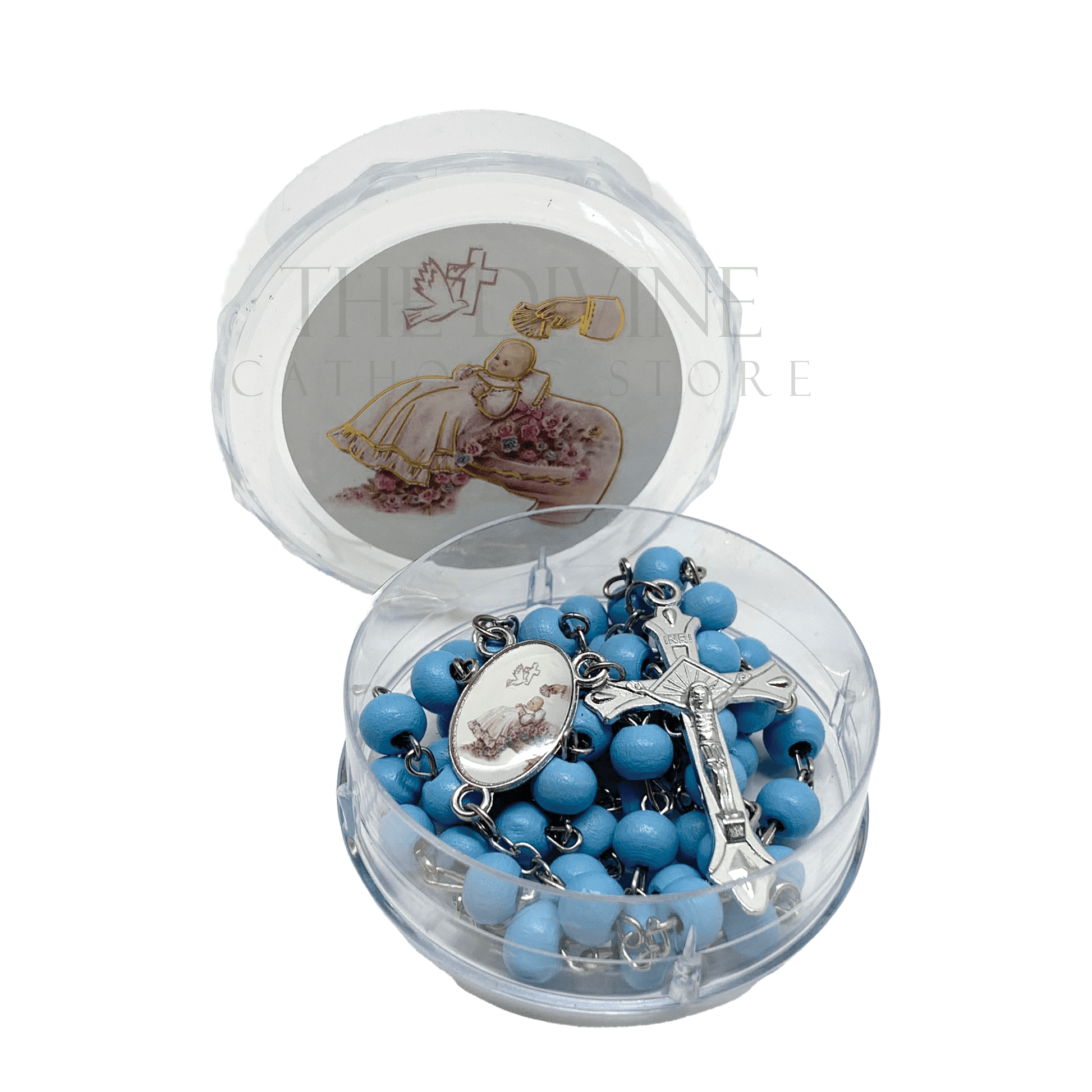 Individual plastic clear acrylic container opened to show one of the 12 ct blue baptism party favor. Each rosary has blue wooden beads, silver crucifix, and baptism image pendant as a reminder of the baptism even.