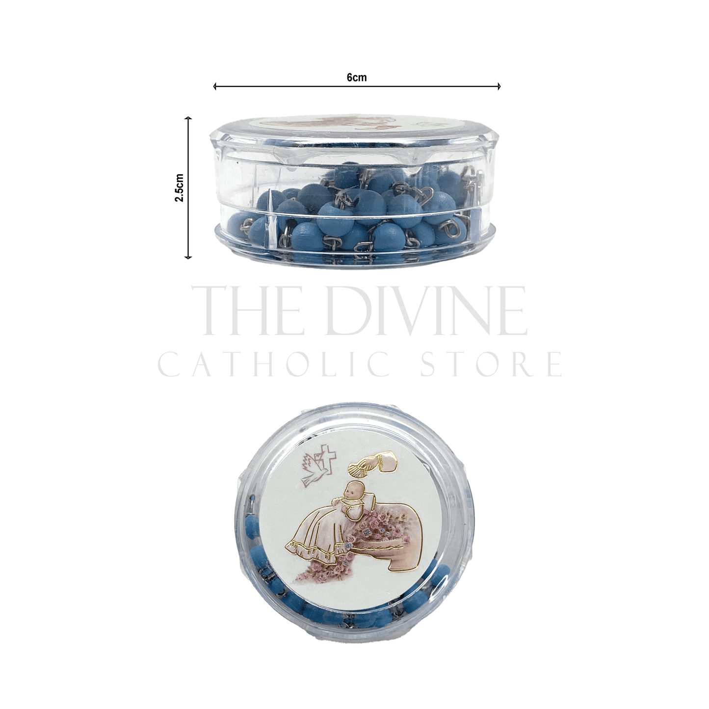 Close up of the Individual plastic clear acrylic container displaying detailed measurements to show one of the 12 ct blue baptism party favor size, 6 cm wide and 2.5 tall.